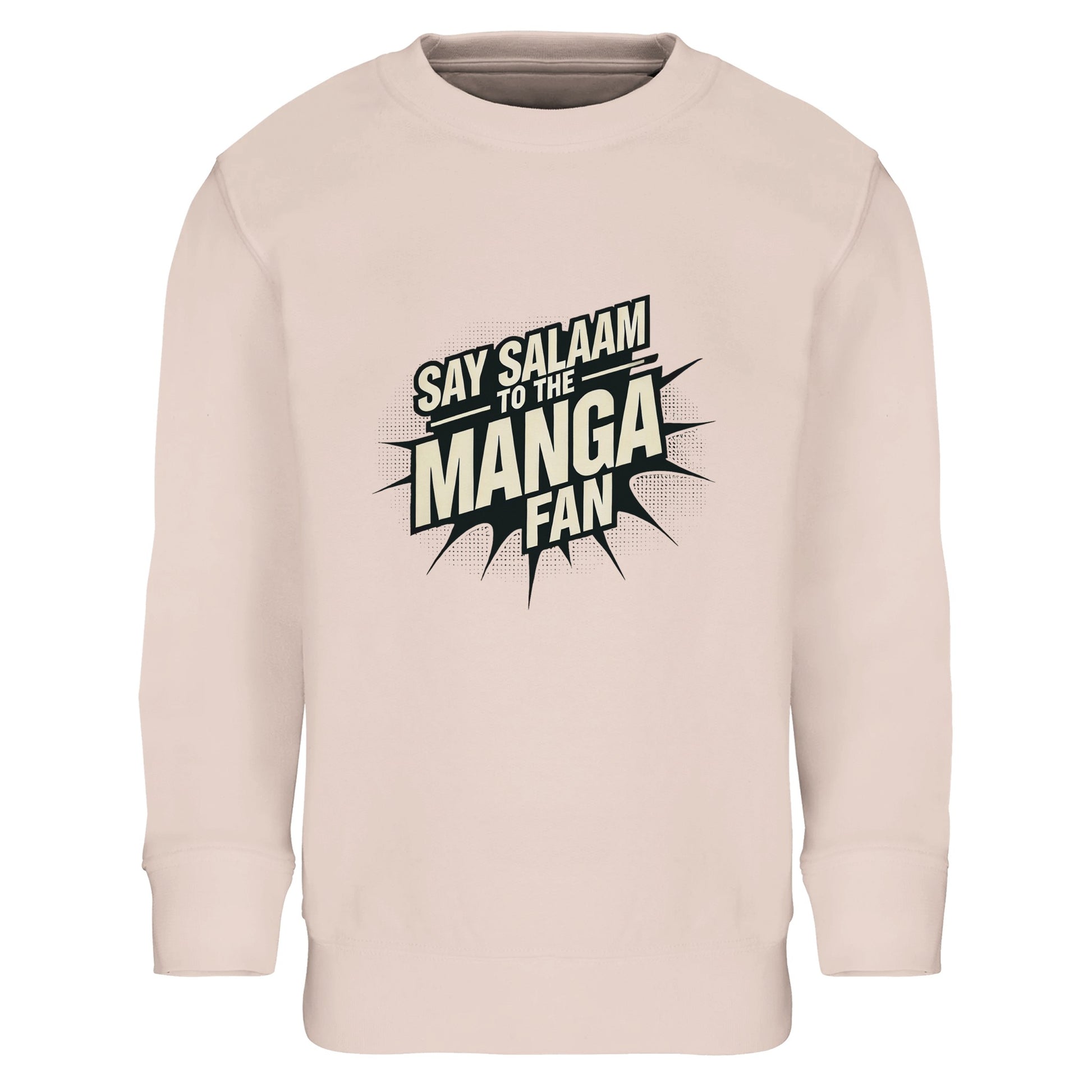 Say Salaam to the Manga Fan Design #3 Part-Recycled Cotton-Poly Kids Sweatshirt – Creamy Pink / Oyster Pink featuring bold, text-based print design in Black with a dynamic comic-style explosion. For stylish anime and manga lovers into Naruto, One Piece, Death Note, DBZ, Bleach, or MangaGo titles. Inspired by Japanese pop culture and sustainable fashion. Colourful jumper, basic long sleeve, children’s manga sweatshirt, crewneck, youths graphic anime pullover for boys, girls, unisex and all genders.