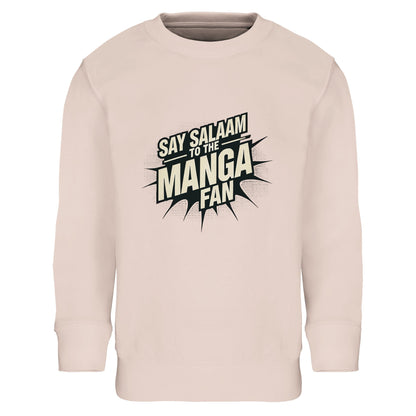 Say Salaam to the Manga Fan Design #3 Part-Recycled Cotton-Poly Kids Sweatshirt – Creamy Pink / Oyster Pink featuring bold, text-based print design in Black with a dynamic comic-style explosion. For stylish anime and manga lovers into Naruto, One Piece, Death Note, DBZ, Bleach, or MangaGo titles. Inspired by Japanese pop culture and sustainable fashion. Colourful jumper, basic long sleeve, children’s manga sweatshirt, crewneck, youths graphic anime pullover for boys, girls, unisex and all genders.