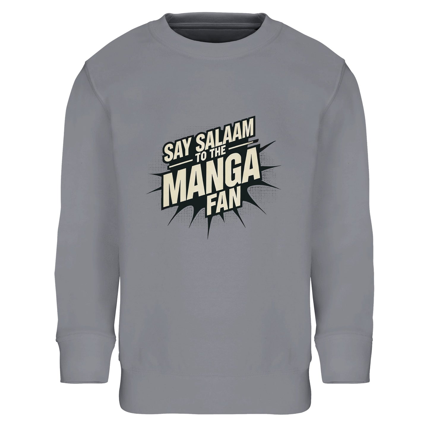 Say Salaam to the Manga Fan Design #3 Part-Recycled Cotton-Poly Kids Sweatshirt – Grey Melange / Classic Athletic Grey featuring bold, text-based print design in Black with a dynamic comic-style explosion. For stylish anime and manga lovers into Fullmetal Alchemist, One Piece, Death Note, DBZ, Akira or MangaGo titles. Inspired by Japanese pop culture and sustainable fashion. Colourful jumper, long sleeve, children’s manga sweatshirt, crewneck, youths graphic anime pullover for boys, girls, and unisex.