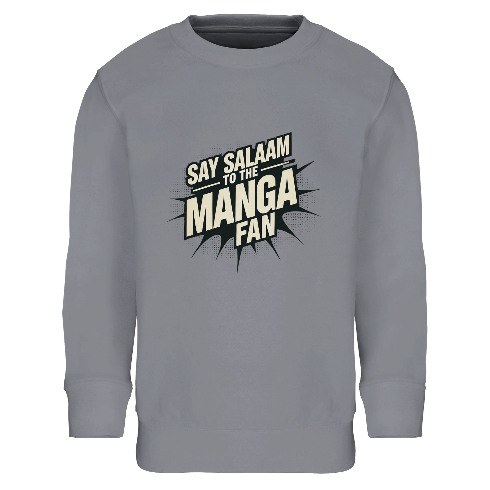 Say Salaam to the Manga Fan Design #3 Part-Recycled Cotton-Poly Kids Sweatshirt – Grey Melange / Classic Athletic Grey featuring bold, text-based print design in Black with a dynamic comic-style explosion. For stylish anime and manga lovers into Fullmetal Alchemist, One Piece, Death Note, DBZ, Akira or MangaGo titles. Inspired by Japanese pop culture and sustainable fashion. Colourful jumper, long sleeve, children’s manga sweatshirt, crewneck, youths graphic anime pullover for boys, girls, and unisex.