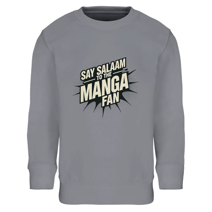 Say Salaam to the Manga Fan Design #3 Part-Recycled Cotton-Poly Kids Sweatshirt – Grey Melange / Classic Athletic Grey featuring bold, text-based print design in Black with a dynamic comic-style explosion. For stylish anime and manga lovers into Fullmetal Alchemist, One Piece, Death Note, DBZ, Akira or MangaGo titles. Inspired by Japanese pop culture and sustainable fashion. Colourful jumper, long sleeve, children’s manga sweatshirt, crewneck, youths graphic anime pullover for boys, girls, and unisex.