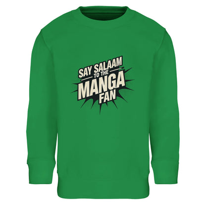 Say Salaam to the Manga Fan Design #3 Part-Recycled Cotton-Poly Kids Sweatshirt – Kelly Green / Bright Shamrock featuring bold, text-based print design in Black with a dynamic comic-style explosion. For stylish anime and manga lovers into One-Punch Man, Naruto, Bleach, Dragon Ball Z, Akira or MangaGo titles. Inspired by Japanese pop culture and sustainable fashion. Colourful jumper, long sleeve, children’s manga sweatshirt, crewneck, youths graphic anime pullover for boys, girls, unisex and all genders.