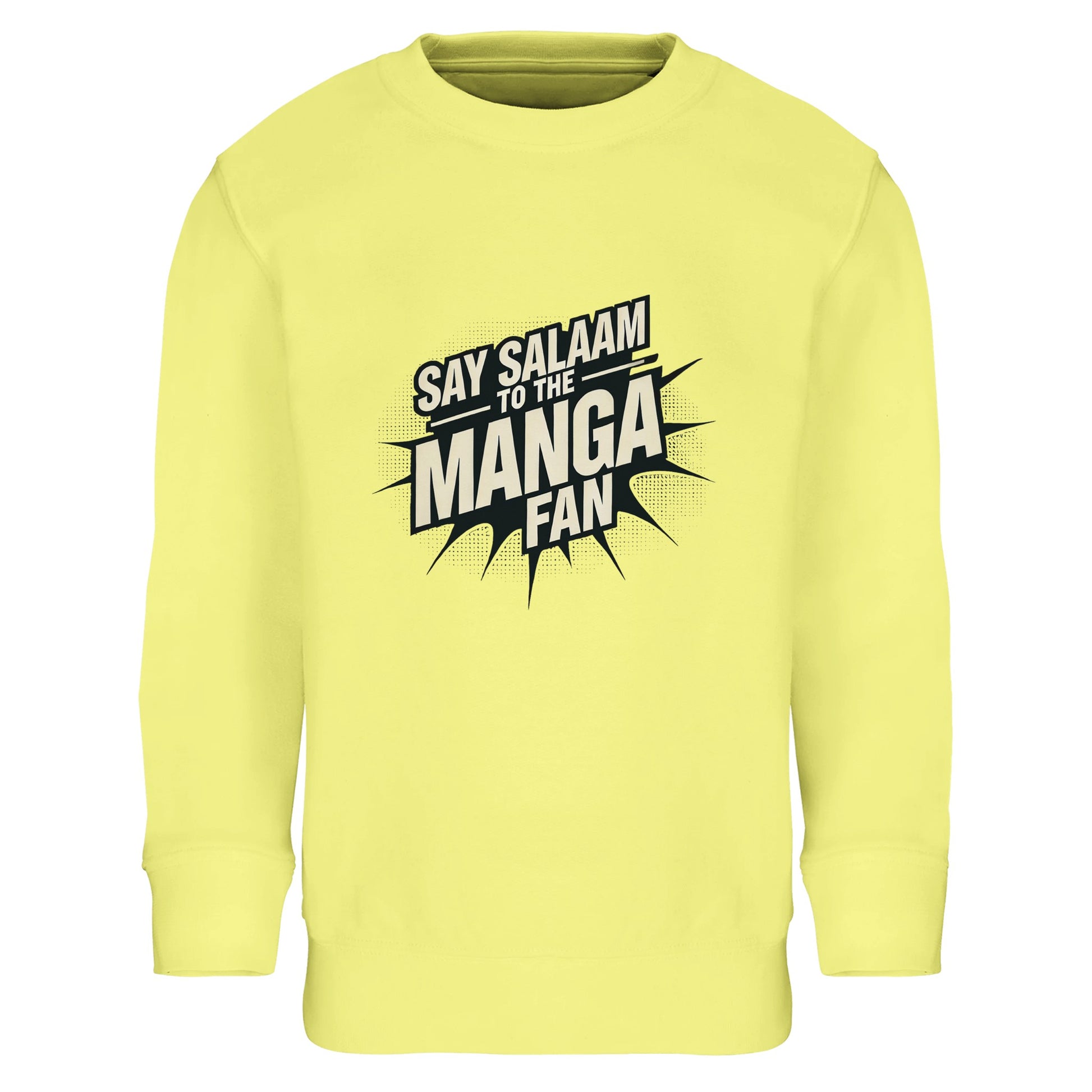 Say Salaam to the Manga Fan Design #3 Part-Recycled Cotton-Poly Kids Sweatshirt – Light Yellow / Satin Linen featuring bold, text-based print design in Black with a dynamic comic-style explosion. For stylish anime and manga lovers into Naruto, Death Note, Bleach, DBZ, Akira or MangaGo titles. Inspired by Japanese pop culture and sustainable fashion. Colourful jumper, long sleeve, basic children’s manga sweatshirt, crewneck, youths essential graphic anime pullover for boys, girls, unisex and all genders.