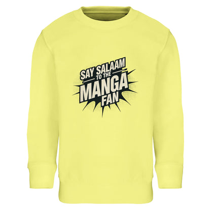 Say Salaam to the Manga Fan Design #3 Part-Recycled Cotton-Poly Kids Sweatshirt – Light Yellow / Satin Linen featuring bold, text-based print design in Black with a dynamic comic-style explosion. For stylish anime and manga lovers into Naruto, Death Note, Bleach, DBZ, Akira or MangaGo titles. Inspired by Japanese pop culture and sustainable fashion. Colourful jumper, long sleeve, basic children’s manga sweatshirt, crewneck, youths essential graphic anime pullover for boys, girls, unisex and all genders.
