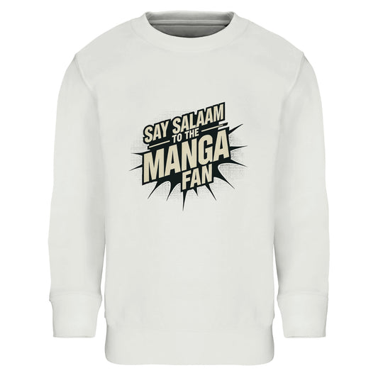 Say Salaam to the Manga Fan Design #3 Part-Recycled Cotton-Poly Kids Sweatshirt – White / Platinum featuring bold, text-based print design in Black with a dynamic comic-style explosion. For stylish anime and manga lovers into One Piece, Bleach, Naruto, Death Note, Dragon Ball Z (DBZ), Akira or MangaGo titles. Inspired by Japanese pop culture and sustainable fashion. Colourful jumper, long sleeve, children’s manga sweatshirt, crewneck, youths graphic anime pullover for boys, girls, unisex and all genders.