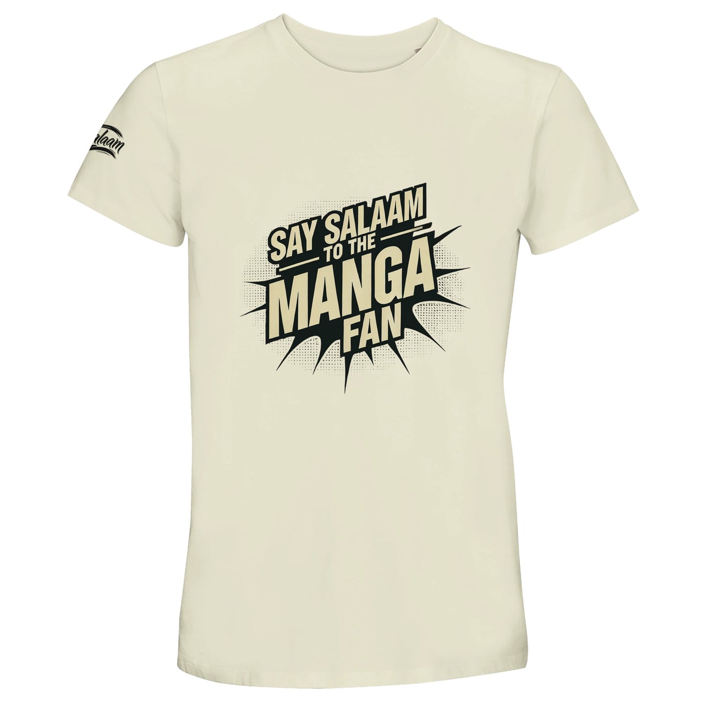 Say Salaam to the Manga Fan Design #3 Recycled Unisex Cotton Tee. Natural / Moon Mist / Satin Linen shirt featuring bold, text-based design in black with a dynamic comic-style explosion. A must-have for anime and manga lovers, including fans of One Piece, One-Punch Man, Bleach, Naruto, Death Note, Dragon Ball, Fullmetal Alchemist, and Akira (and all MangaGo titles). Inspired by Japanese pop culture and sustainable fashion.