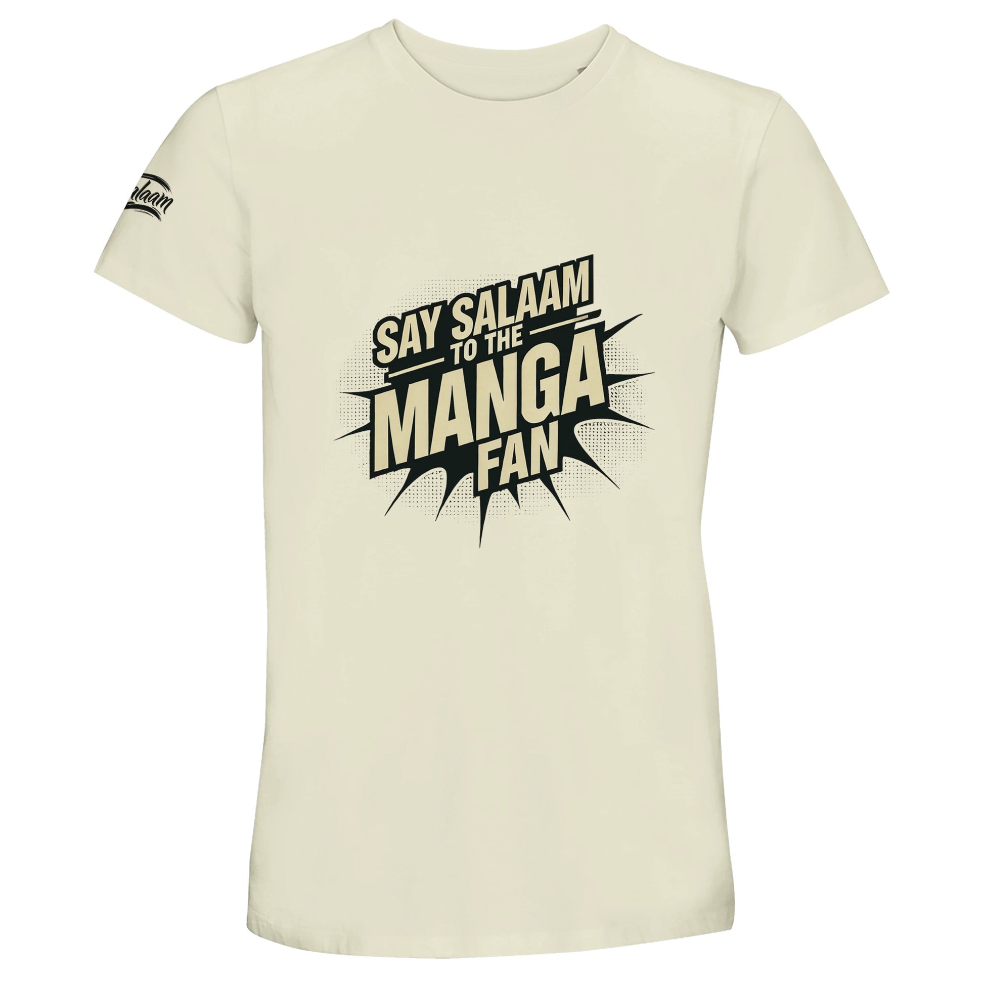 Say Salaam to the Manga Fan Design #3 Recycled Unisex Cotton Tee. Natural / Moon Mist / Satin Linen shirt featuring bold, text-based design in black with a dynamic comic-style explosion. A must-have for anime and manga lovers, including fans of One Piece, One-Punch Man, Bleach, Naruto, Death Note, Dragon Ball, Fullmetal Alchemist, and Akira (and all MangaGo titles). Inspired by Japanese pop culture and sustainable fashion.