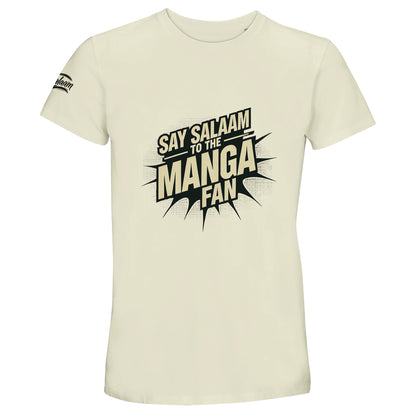 Say Salaam to the Manga Fan Design #3 Recycled Unisex Cotton Tee. Natural / Moon Mist / Satin Linen shirt featuring bold, text-based design in black with a dynamic comic-style explosion. A must-have for anime and manga lovers, including fans of One Piece, One-Punch Man, Bleach, Naruto, Death Note, Dragon Ball, Fullmetal Alchemist, and Akira (and all MangaGo titles). Inspired by Japanese pop culture and sustainable fashion.