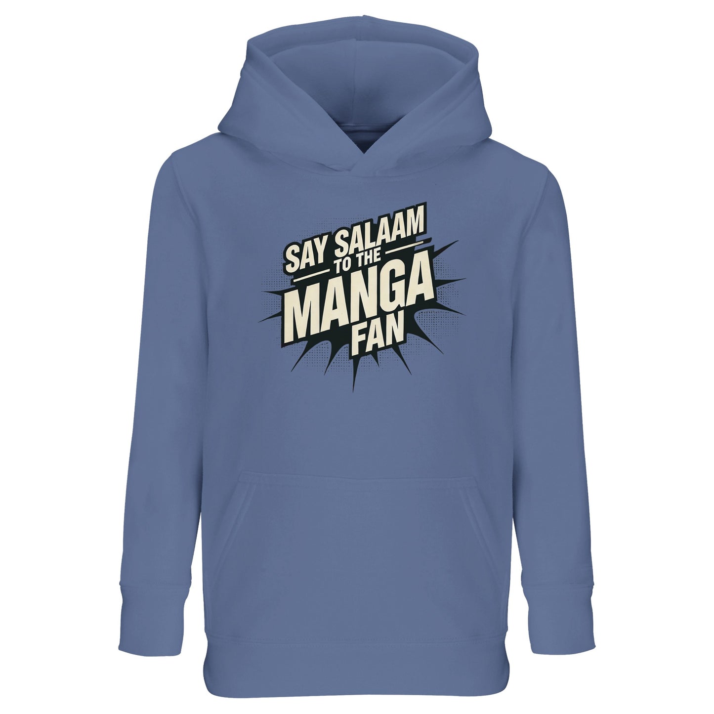Say Salaam to the Manga Fan Design #3 Part-Recycled Cotton-Poly Kids Hoodie – Blue / Marble Blue / Waikawa Grey featuring bold black manga typography over a cool-toned base. A modest, lightweight hoodie for young Muslim fans of Naruto, One Piece and Bleach. Soft yet structured for daily wear, it balances playful energy with faith-conscious comfort. Ideal for casual gatherings, prayer breaks or anime sessions, this easy-care pullover merges Japanese panels with peaceful expression.