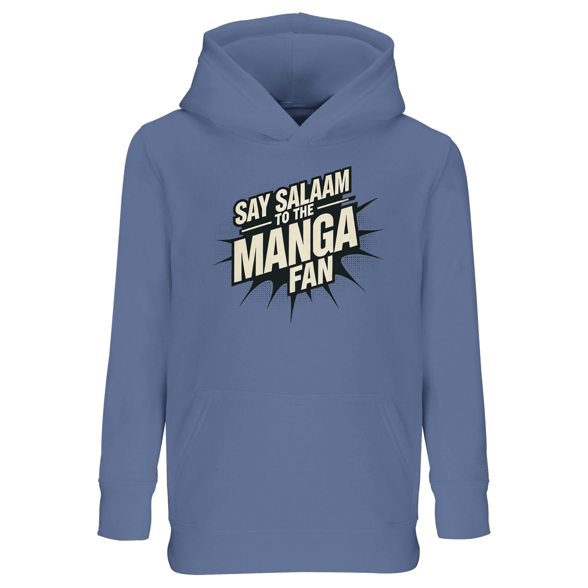Say Salaam to the Manga Fan Design #3 Part-Recycled Cotton-Poly Kids Hoodie – Blue / Marble Blue / Waikawa Grey featuring bold black manga typography over a cool-toned base. A modest, lightweight hoodie for young Muslim fans of Naruto, One Piece and Bleach. Soft yet structured for daily wear, it balances playful energy with faith-conscious comfort. Ideal for casual gatherings, prayer breaks or anime sessions, this easy-care pullover merges Japanese panels with peaceful expression.