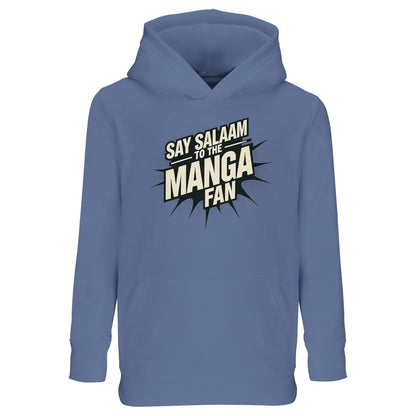 Say Salaam to the Manga Fan Design #3 Part-Recycled Cotton-Poly Kids Hoodie – Blue / Marble Blue / Waikawa Grey featuring bold black manga typography over a cool-toned base. A modest, lightweight hoodie for young Muslim fans of Naruto, One Piece and Bleach. Soft yet structured for daily wear, it balances playful energy with faith-conscious comfort. Ideal for casual gatherings, prayer breaks or anime sessions, this easy-care pullover merges Japanese panels with peaceful expression.