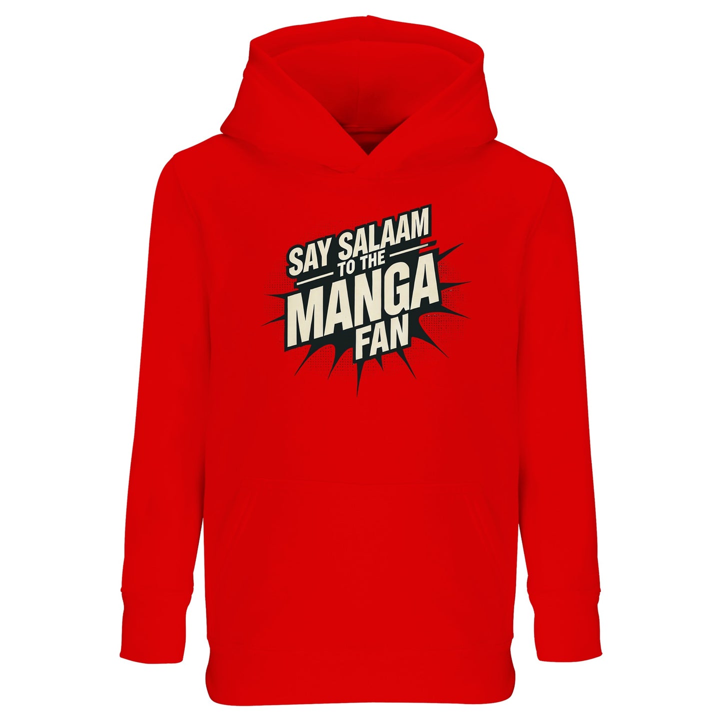 Say Salaam to the Manga Fan Design #3 Part-Recycled Cotton-Poly Kids Hoodie – Bright Red / Rosso Corsa with energetic manga-burst text in black. A warm, comfortable hoodie for young Muslim manga fans who collect stories and sketch heroes with heart. Designed for modest wear with lively spirit, this cotton-poly pullover stands up to school days, playgrounds and prayer breaks. A perfect balance of comic energy and calm Salam style — ideal for gifting or day-to-day faith-friendly fashion.