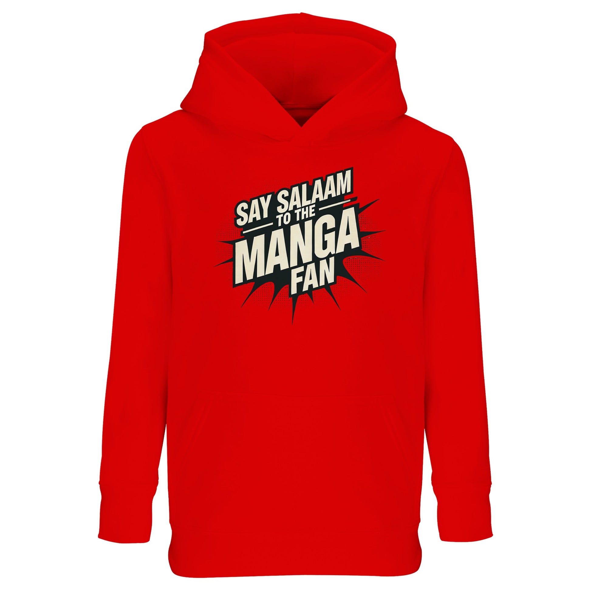 Say Salaam to the Manga Fan Design #3 Part-Recycled Cotton-Poly Kids Hoodie – Bright Red / Rosso Corsa with energetic manga-burst text in black. A warm, comfortable hoodie for young Muslim manga fans who collect stories and sketch heroes with heart. Designed for modest wear with lively spirit, this cotton-poly pullover stands up to school days, playgrounds and prayer breaks. A perfect balance of comic energy and calm Salam style — ideal for gifting or day-to-day faith-friendly fashion.