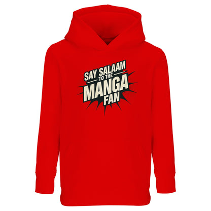 Say Salaam to the Manga Fan Design #3 Part-Recycled Cotton-Poly Kids Hoodie – Bright Red / Rosso Corsa with energetic manga-burst text in black. A warm, comfortable hoodie for young Muslim manga fans who collect stories and sketch heroes with heart. Designed for modest wear with lively spirit, this cotton-poly pullover stands up to school days, playgrounds and prayer breaks. A perfect balance of comic energy and calm Salam style — ideal for gifting or day-to-day faith-friendly fashion.