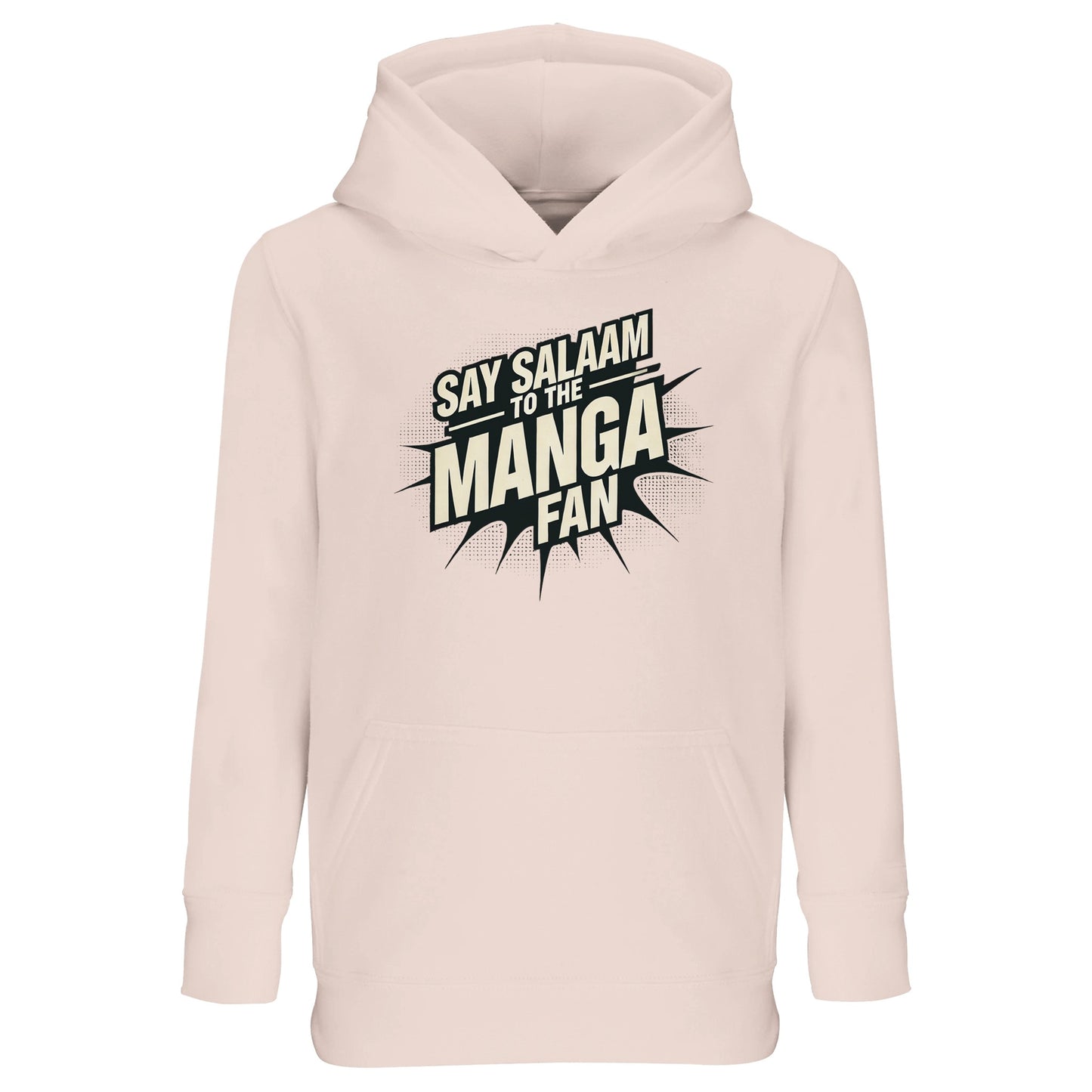 Say Salaam to the Manga Fan Design #3 Part-Recycled Cotton-Poly Kids Hoodie – Creamy Pink / Oyster Pink featuring bold black manga-style typography bursting with motion. A modest, long-sleeved pullover for Muslim manga enthusiasts who read, draw or dream big. The cotton-poly fabric feels soft and breathable, ideal for daily wear from prayer time to playtime. Durable, machine washable and joyfully designed, this piece merges comfort, culture and calm Salam energy in one friendly fit.