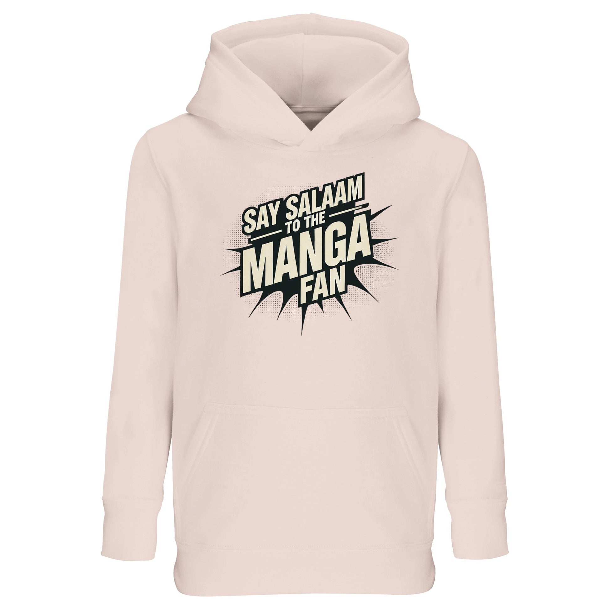 Say Salaam to the Manga Fan Design #3 Part-Recycled Cotton-Poly Kids Hoodie – Creamy Pink / Oyster Pink featuring bold black manga-style typography bursting with motion. A modest, long-sleeved pullover for Muslim manga enthusiasts who read, draw or dream big. The cotton-poly fabric feels soft and breathable, ideal for daily wear from prayer time to playtime. Durable, machine washable and joyfully designed, this piece merges comfort, culture and calm Salam energy in one friendly fit.