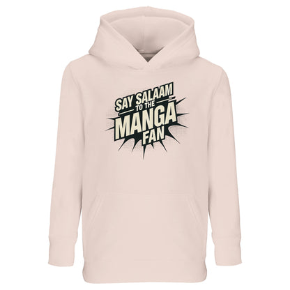 Say Salaam to the Manga Fan Design #3 Part-Recycled Cotton-Poly Kids Hoodie – Creamy Pink / Oyster Pink featuring bold black manga-style typography bursting with motion. A modest, long-sleeved pullover for Muslim manga enthusiasts who read, draw or dream big. The cotton-poly fabric feels soft and breathable, ideal for daily wear from prayer time to playtime. Durable, machine washable and joyfully designed, this piece merges comfort, culture and calm Salam energy in one friendly fit.
