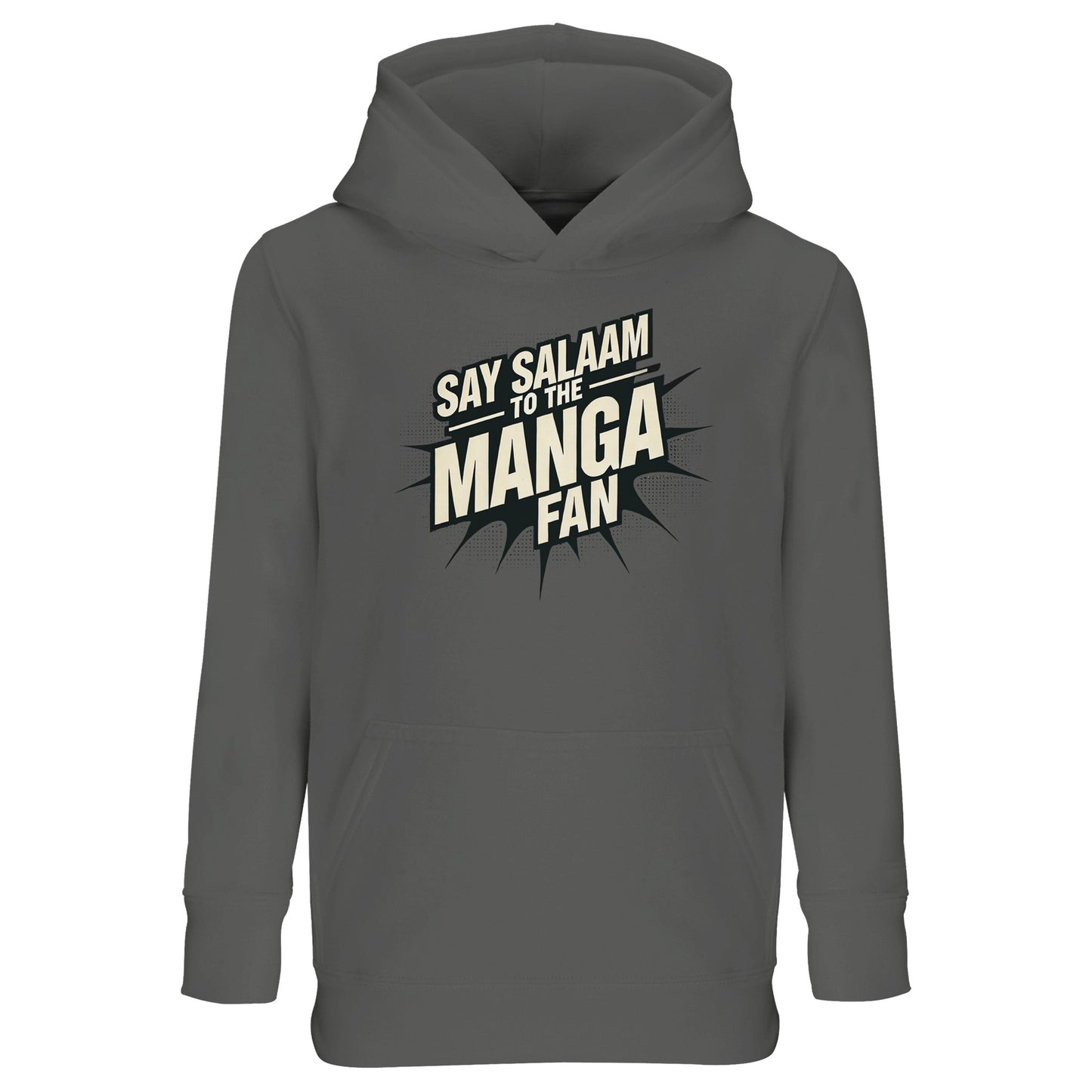 Say Salaam to the Manga Fan Design #3 Part-Recycled Cotton-Poly Kids Hoodie – Grey Melange / Heather Grey / Classic Athletic Grey Blend featuring crisp black manga text bursting across the chest. Made for modest Muslim anime fans who read MangaGo or dream of Studio Ghibli sketches. This cotton-poly pullover keeps its shape and softness through everyday play and prayer. Light, comfy and versatile, it’s ideal for school, weekends and Eid gifts — a simple, manga-inspired long-sleeved top built to last.