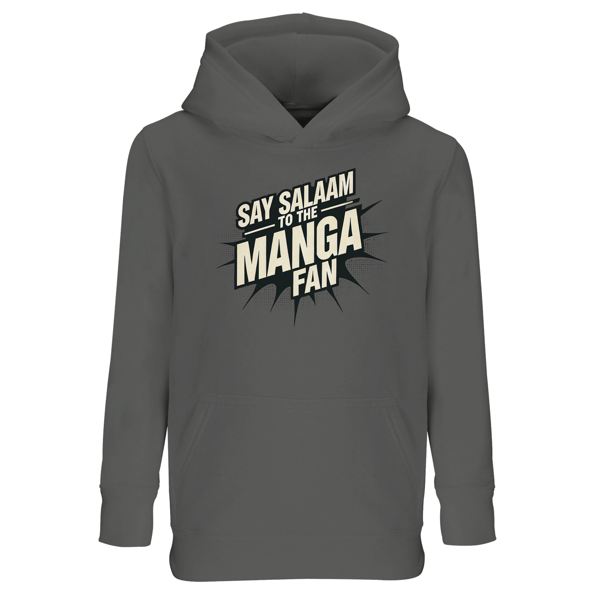 Say Salaam to the Manga Fan Design #3 Part-Recycled Cotton-Poly Kids Hoodie – Grey Melange / Heather Grey / Classic Athletic Grey Blend featuring crisp black manga text bursting across the chest. Made for modest Muslim anime fans who read MangaGo or dream of Studio Ghibli sketches. This cotton-poly pullover keeps its shape and softness through everyday play and prayer. Light, comfy and versatile, it’s ideal for school, weekends and Eid gifts — a simple, manga-inspired long-sleeved top built to last.