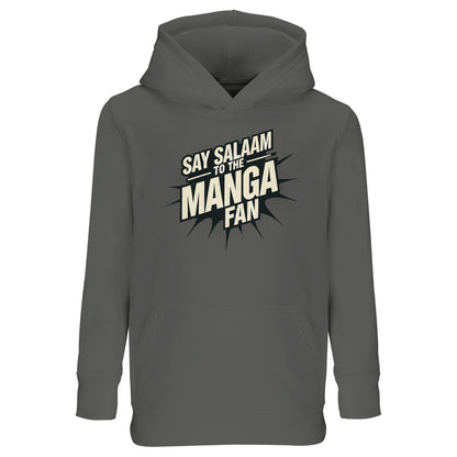 Say Salaam to the Manga Fan Design #3 Part-Recycled Cotton-Poly Kids Hoodie – Grey Melange / Heather Grey / Classic Athletic Grey Blend featuring crisp black manga text bursting across the chest. Made for modest Muslim anime fans who read MangaGo or dream of Studio Ghibli sketches. This cotton-poly pullover keeps its shape and softness through everyday play and prayer. Light, comfy and versatile, it’s ideal for school, weekends and Eid gifts — a simple, manga-inspired long-sleeved top built to last.