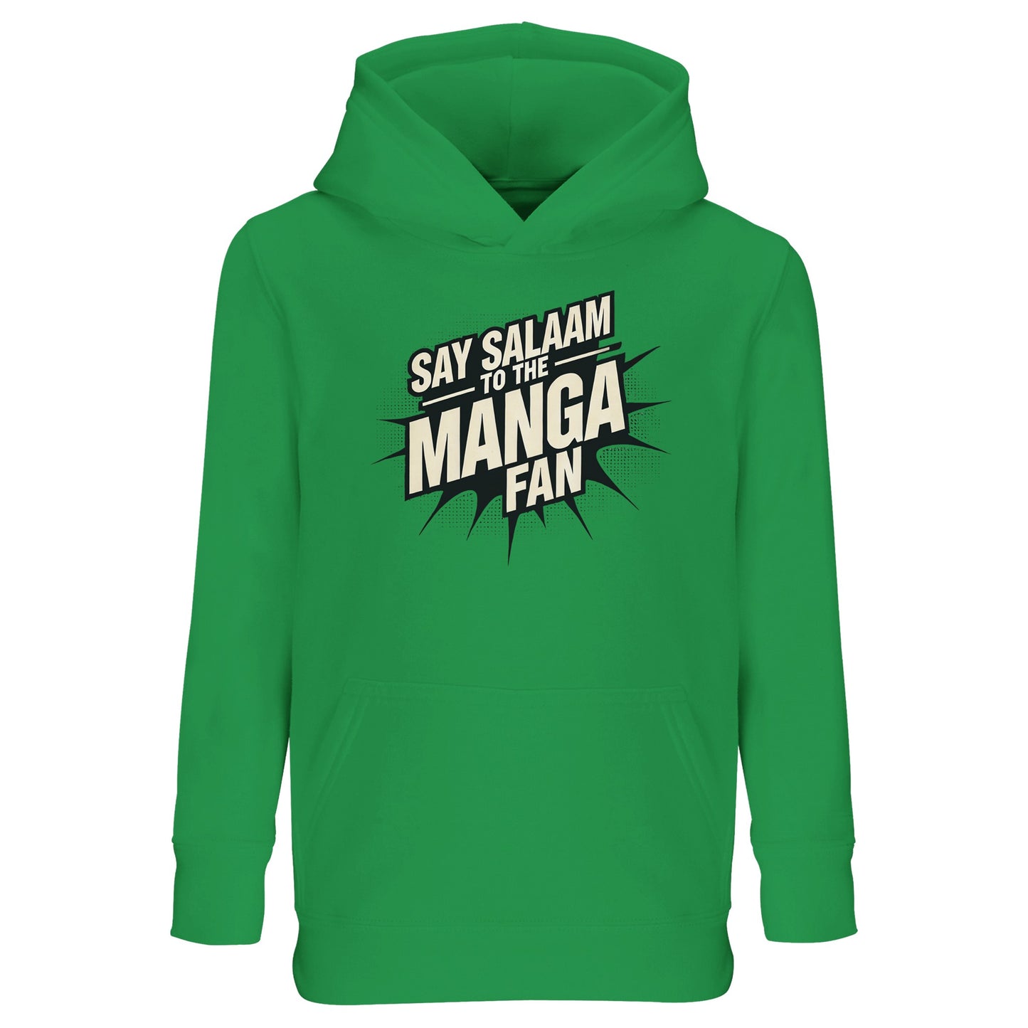 Say Salaam to the Manga Fan Design #3 Part-Recycled Cotton-Poly Kids Hoodie – Kelly Green / Outer Space featuring striking black manga-letter graphics across a bright, lively base. Made for young Muslim anime lovers who flip through MangaGo or sketch Bleach heroes. This modest hoodie keeps kids comfortable through creative play and prayer alike. Durable, soft and breathable, it’s a fun, faith-led long-sleeved pullover that bridges worlds — from Japanese art to joyful everyday life.