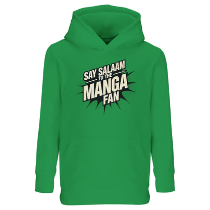 Say Salaam to the Manga Fan Design #3 Part-Recycled Cotton-Poly Kids Hoodie – Kelly Green / Outer Space featuring striking black manga-letter graphics across a bright, lively base. Made for young Muslim anime lovers who flip through MangaGo or sketch Bleach heroes. This modest hoodie keeps kids comfortable through creative play and prayer alike. Durable, soft and breathable, it’s a fun, faith-led long-sleeved pullover that bridges worlds — from Japanese art to joyful everyday life.