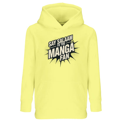 Say Salaam to the Manga Fan Design #3 Part-Recycled Cotton-Poly Kids Hoodie – Light Yellow / Lemon Chiffon featuring bold manga lettering in black against a sunny pastel backdrop. Designed for modest young fans of One Piece, Naruto or MangaGo who mix fun with faith. This long-sleeved pullover is soft, durable and easy to care for — perfect for match nights, reading breaks or casual Eid gifting. A cheerful, warm piece of modest manga culture stitched for comfort and confidence.