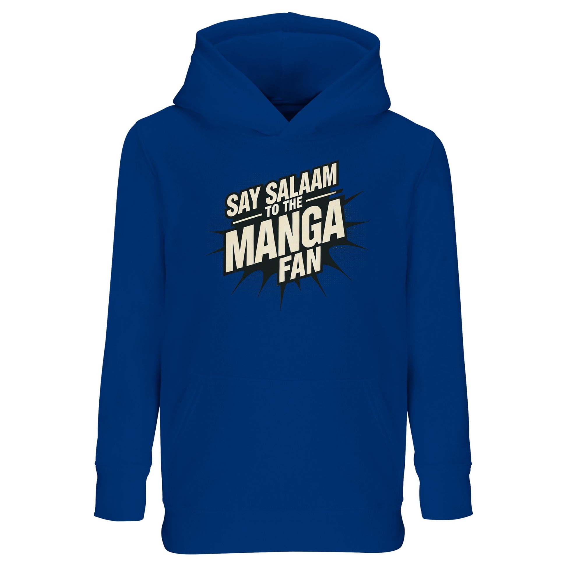 Say Salaam to the Manga Fan Design #3 Part-Recycled Cotton-Poly Kids Hoodie – Royal Blue / Dark Midnight Blue featuring sleek manga-burst lettering in jet black. Perfect for young Muslim manga fans who read, draw or game with devotion and style. The soft cotton-poly fabric offers comfort through play, school and prayer. Simple to care for and modest in design, this pullover celebrates both faith and fandom — an easy, cheerful long-sleeved top made for imagination, energy and everyday wear.