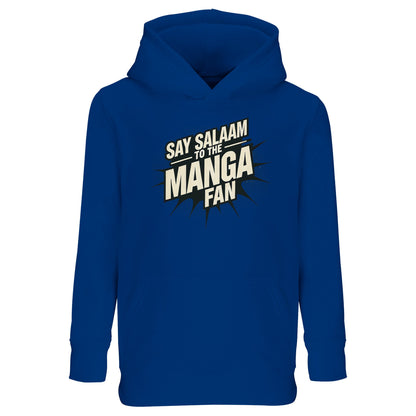 Say Salaam to the Manga Fan Design #3 Part-Recycled Cotton-Poly Kids Hoodie – Royal Blue / Dark Midnight Blue featuring sleek manga-burst lettering in jet black. Perfect for young Muslim manga fans who read, draw or game with devotion and style. The soft cotton-poly fabric offers comfort through play, school and prayer. Simple to care for and modest in design, this pullover celebrates both faith and fandom — an easy, cheerful long-sleeved top made for imagination, energy and everyday wear.