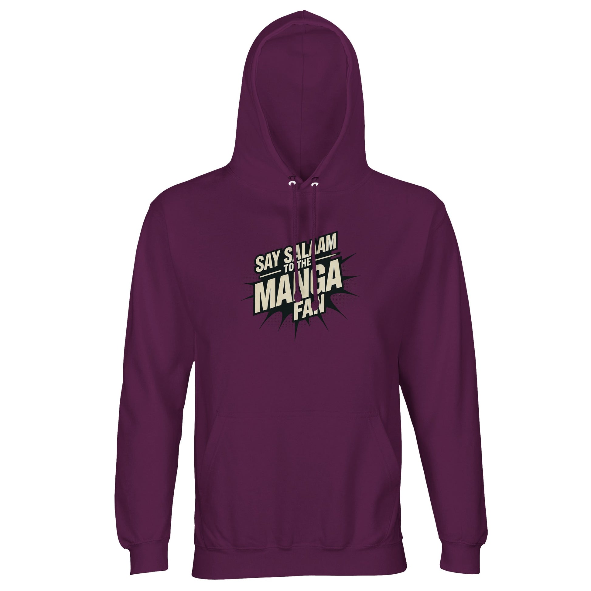 Say Salaam to the Manga Fan Design #3 Part-Recycled Unisex Cotton-Poly Hoodie (dark) – Astral Purple / Wine Berry / Reddish Magenta. The moody base makes the manga lettering pop for readers who annotate plot twists and chase limited drops. A modest, unisex pullover that’s soft on skin, steady in shape and kind to budgets. Pair with cargos or abaya-friendly layers for faith-forward fandom that travels from mosque courtyard to midnight streams — culture, colour and calm Salam energy.