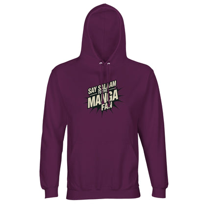 Say Salaam to the Manga Fan Design #3 Part-Recycled Unisex Cotton-Poly Hoodie (dark) – Astral Purple / Wine Berry / Reddish Magenta. The moody base makes the manga lettering pop for readers who annotate plot twists and chase limited drops. A modest, unisex pullover that’s soft on skin, steady in shape and kind to budgets. Pair with cargos or abaya-friendly layers for faith-forward fandom that travels from mosque courtyard to midnight streams — culture, colour and calm Salam energy.