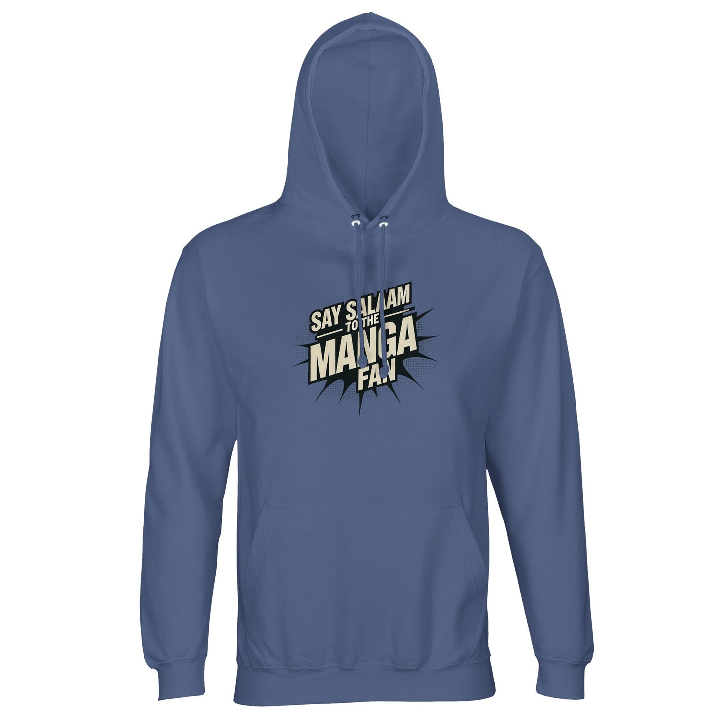 Say Salaam to the Manga Fan Design #3 Part-Recycled Unisex Cotton-Poly Hoodie (dark) – Blue / Marble Blue / Blue-Grey / Waikawa Grey. Dark-tone manga word art sits centre stage for readers who track arcs, trade fan theories and redraw favourite frames. A cosy, modest pullover that pairs with joggers or denim, stacks under a jacket, and keeps its shape wash after wash. Halal streetwear for anime nights, library days and con queues — thoughtful, well-priced, and styled for quiet confidence.