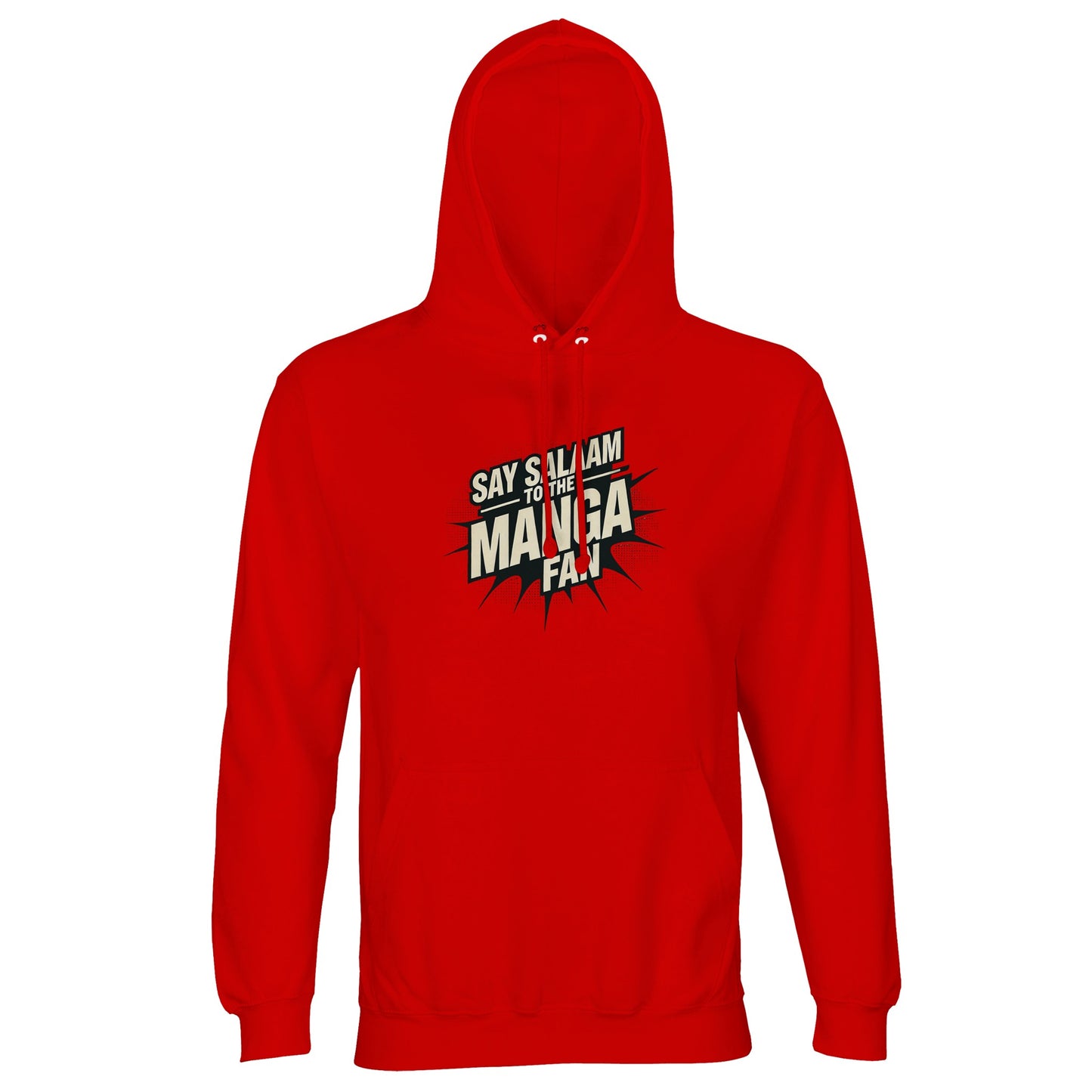 Say Salaam to the Manga Fan Design #3 Part-Recycled Unisex Cotton-Poly Hoodie (dark) – Bright Red / Rosso Corsa with high-impact manga logotype framed by dark edges. Designed for Muslim anime fans who jump from chapters to AMVs, from art class to con halls. This long-sleeved pullover brings warmth, softness and reliable fit, ready for autumn nights, winter walks or Eid gifting. Streetwear with faith and focus — a Salam statement that reads like a title card and wears like a favourite issue.
