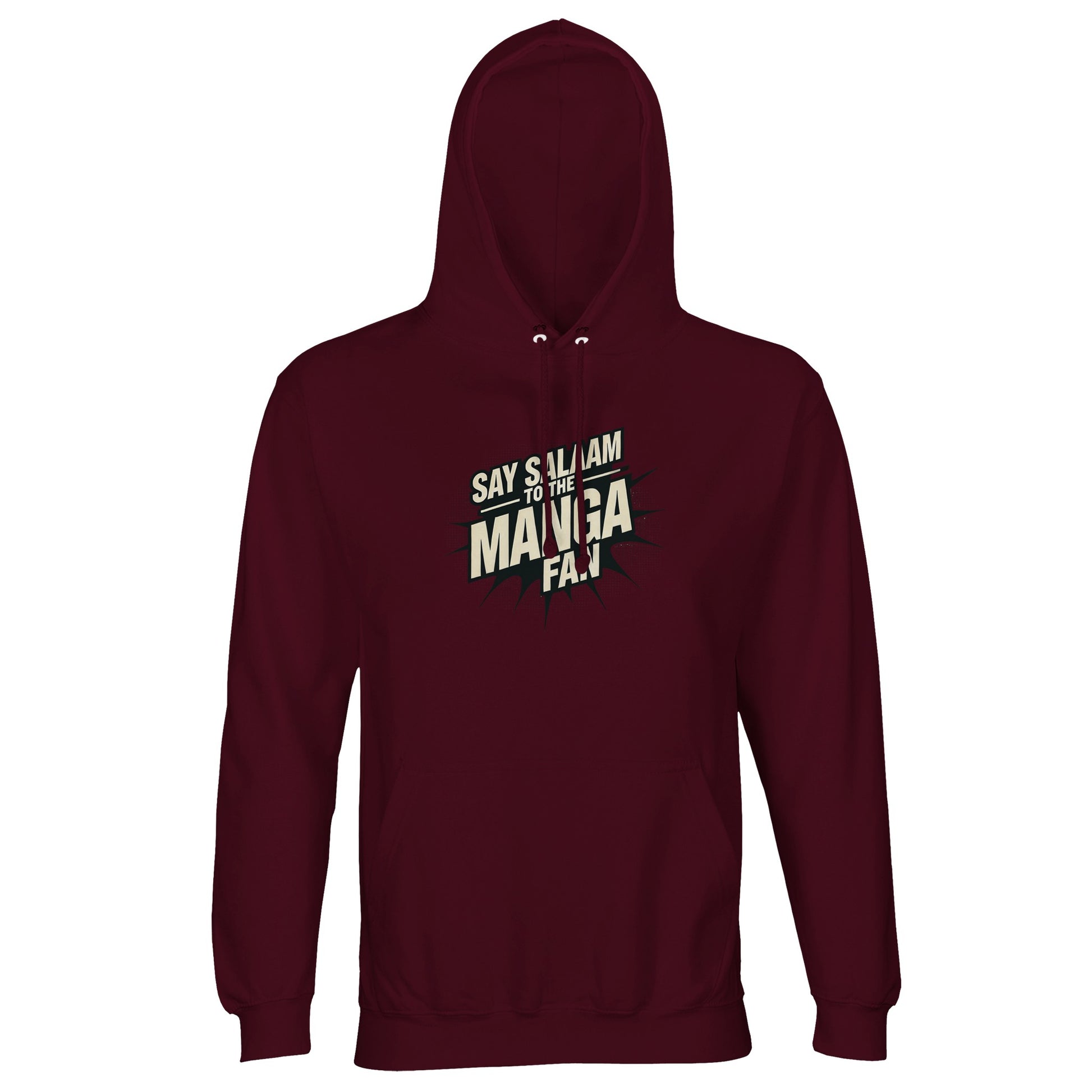Say Salaam to the Manga Fan Design #3 Part-Recycled Unisex Cotton-Poly Hoodie (dark) – Burgundy / Dark Sienna with refined manga logotype on a rich night-shade base. Built for Muslim readers. The unisex pullover brings steady warmth and everyday comfort without loud branding — just Salam, style and storylines. Good value for long seasons of wear, ideal for birthdays or Eid; a quiet classic for manga lovers who like their fashion as considered as their canon.