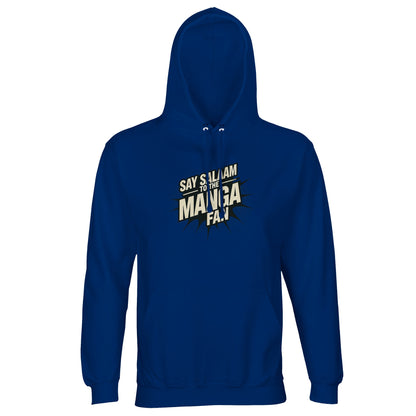Say Salaam to the Manga Fan Design #3 Part-Recycled Unisex Cotton-Poly Hoodie (dark) – Royal Blue / Dark Midnight Blue. Iconic deep blues frame a clean manga word mark for fans who keep watch lists, redraw covers and swap panels with friends. This modest pullover is warm, easy to care for and fairly priced — perfect for school runs, society meetups or con travel. A peaceful greeting up front signals values; the design signals fandom. Together they make wearable manga that lasts.
