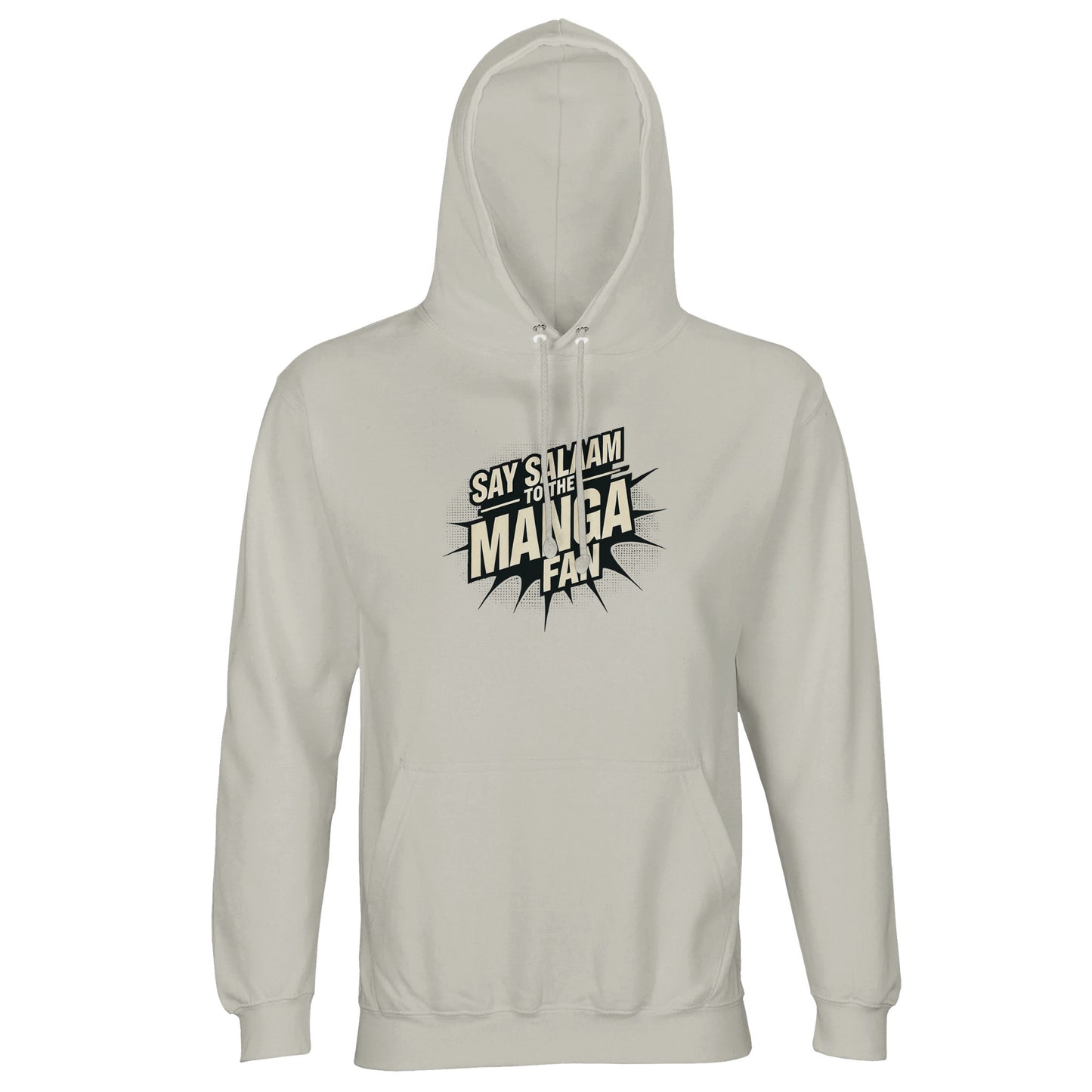 Say Salaam to the Manga Fan Design #3 Part-Recycled Unisex Cotton-Poly Hoodie (light) – Ash / Silver Chalice. This soft, light-grey hoodie features a manga-burst Salam graphic in black and white, blending anime inspiration with mindful streetwear. Ideal for Muslim manga readers who love Bleach, Naruto or One Piece. A warm, breathable long-sleeved pullover that transitions easily from Jummah to study nights — designed for everyday modest wear, storytelling energy, and quiet creative confidence.