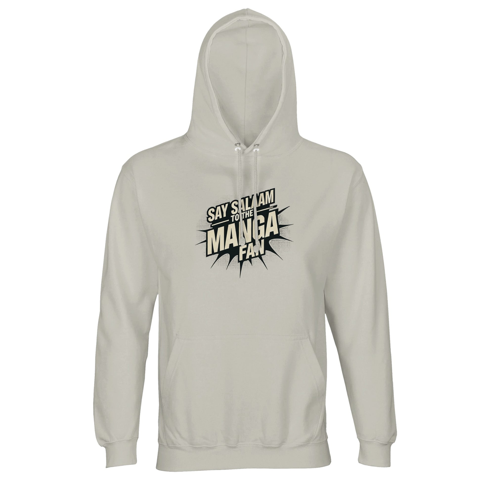 Say Salaam to the Manga Fan Design #3 Part-Recycled Unisex Cotton-Poly Hoodie (light) – Ash / Silver Chalice. This soft, light-grey hoodie features a manga-burst Salam graphic in black and white, blending anime inspiration with mindful streetwear. Ideal for Muslim manga readers who love Bleach, Naruto or One Piece. A warm, breathable long-sleeved pullover that transitions easily from Jummah to study nights — designed for everyday modest wear, storytelling energy, and quiet creative confidence.