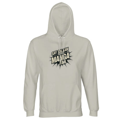 Say Salaam to the Manga Fan Design #3 Part-Recycled Unisex Cotton-Poly Hoodie (light) – Ash / Silver Chalice. This soft, light-grey hoodie features a manga-burst Salam graphic in black and white, blending anime inspiration with mindful streetwear. Ideal for Muslim manga readers who love Bleach, Naruto or One Piece. A warm, breathable long-sleeved pullover that transitions easily from Jummah to study nights — designed for everyday modest wear, storytelling energy, and quiet creative confidence.