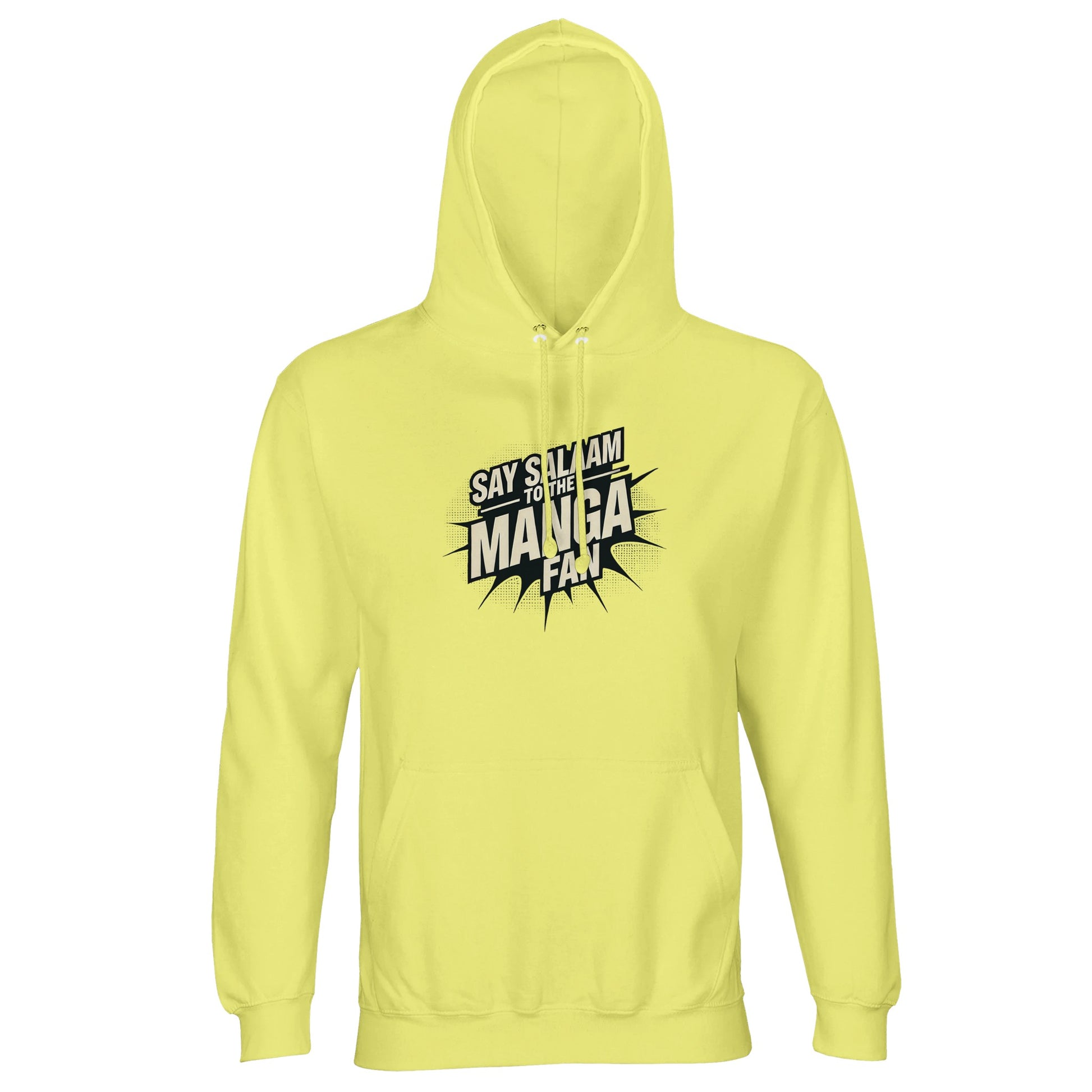 Say Salaam to the Manga Fan Design #3 Part-Recycled Unisex Cotton-Poly Hoodie (light) – Light Yellow / Lemon Chiffon. Designed for calm yet expressive fans of manga and anime, this pale yellow pullover captures sunshine and Salam in one piece. The black burst graphic references classic manga covers while keeping modest, gender-neutral appeal. Comfortable, breathable and suitable for any casual day, it’s a faith-friendly hoodie that merges panel art with peaceful, everyday storytelling style.