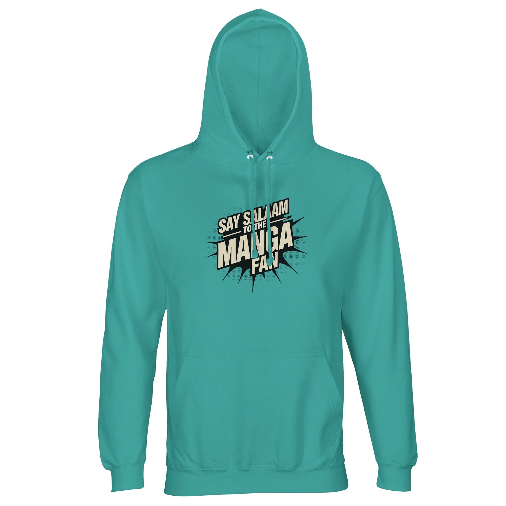 Say Salaam to the Manga Fan Design #3 Part-Recycled Unisex Cotton-Poly Hoodie (light) – Pool Blue / Light Sea Green. Calm yet characterful, the manga-burst graphic stands out over the aqua base. Made for Muslim manga fans who live between storyboards and Salah. This breathable long-sleeved pullover offers comfort without compromise — great for cafés, creative work or Eid gifting. Everyday modest streetwear for those who love comics, colour and quiet confidence in equal measure.