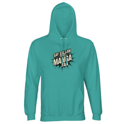 Say Salaam to the Manga Fan Design #3 Part-Recycled Unisex Cotton-Poly Hoodie (light) – Pool Blue / Light Sea Green. Calm yet characterful, the manga-burst graphic stands out over the aqua base. Made for Muslim manga fans who live between storyboards and Salah. This breathable long-sleeved pullover offers comfort without compromise — great for cafés, creative work or Eid gifting. Everyday modest streetwear for those who love comics, colour and quiet confidence in equal measure.