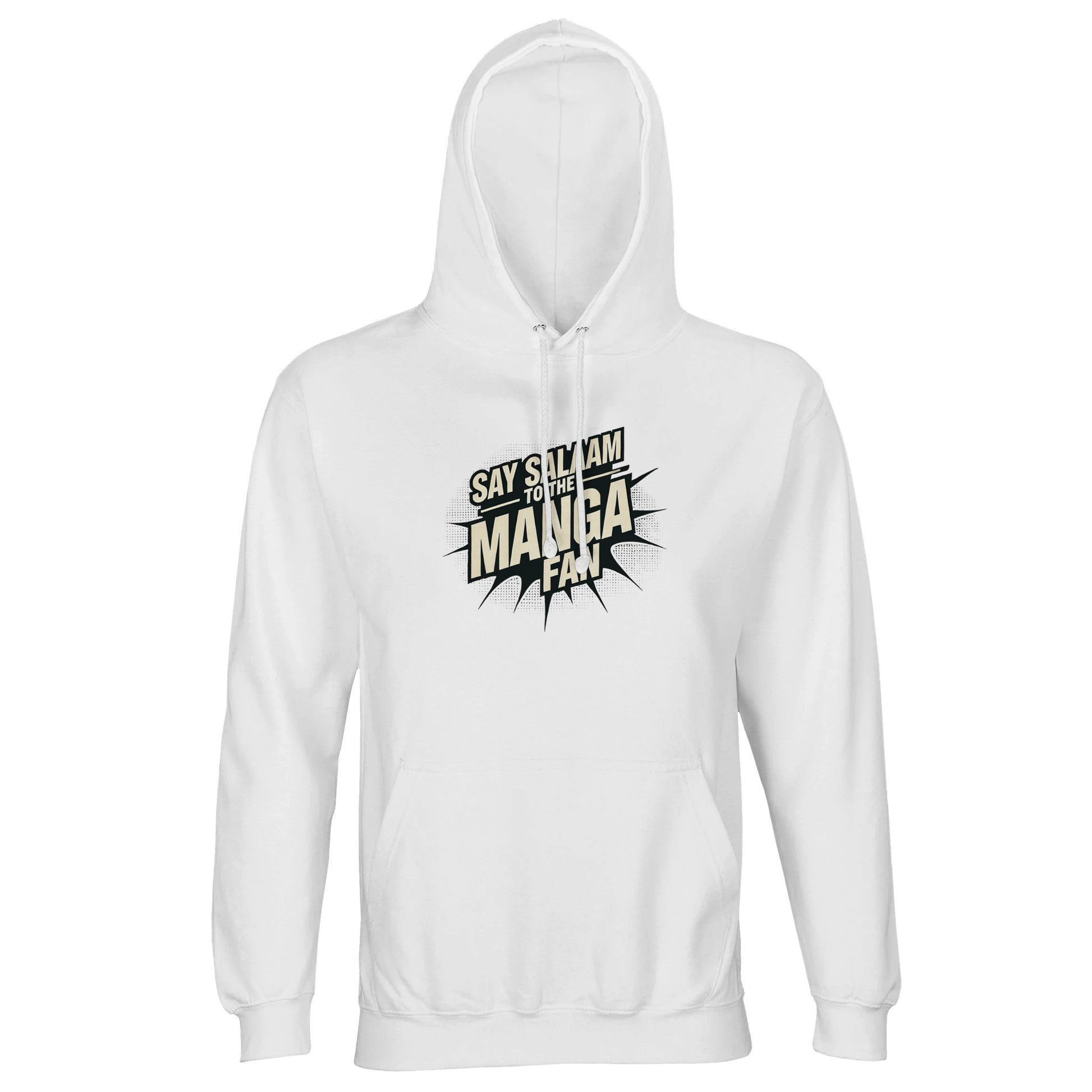 Say Salaam to the Manga Fan Design #3 Part-Recycled Unisex Cotton-Poly Hoodie (light) – White / Platinum. A minimalist base for the bold black manga lettering, this unisex hoodie celebrates Muslim anime culture with subtle flair. The design blends the visual rhythm of speech bubbles and faith-based peace into wearable art. Crafted for readers, sketchers and dreamers, this soft long-sleeved pullover is perfect for layering through creative seasons — modest, versatile and endlessly comfortable.