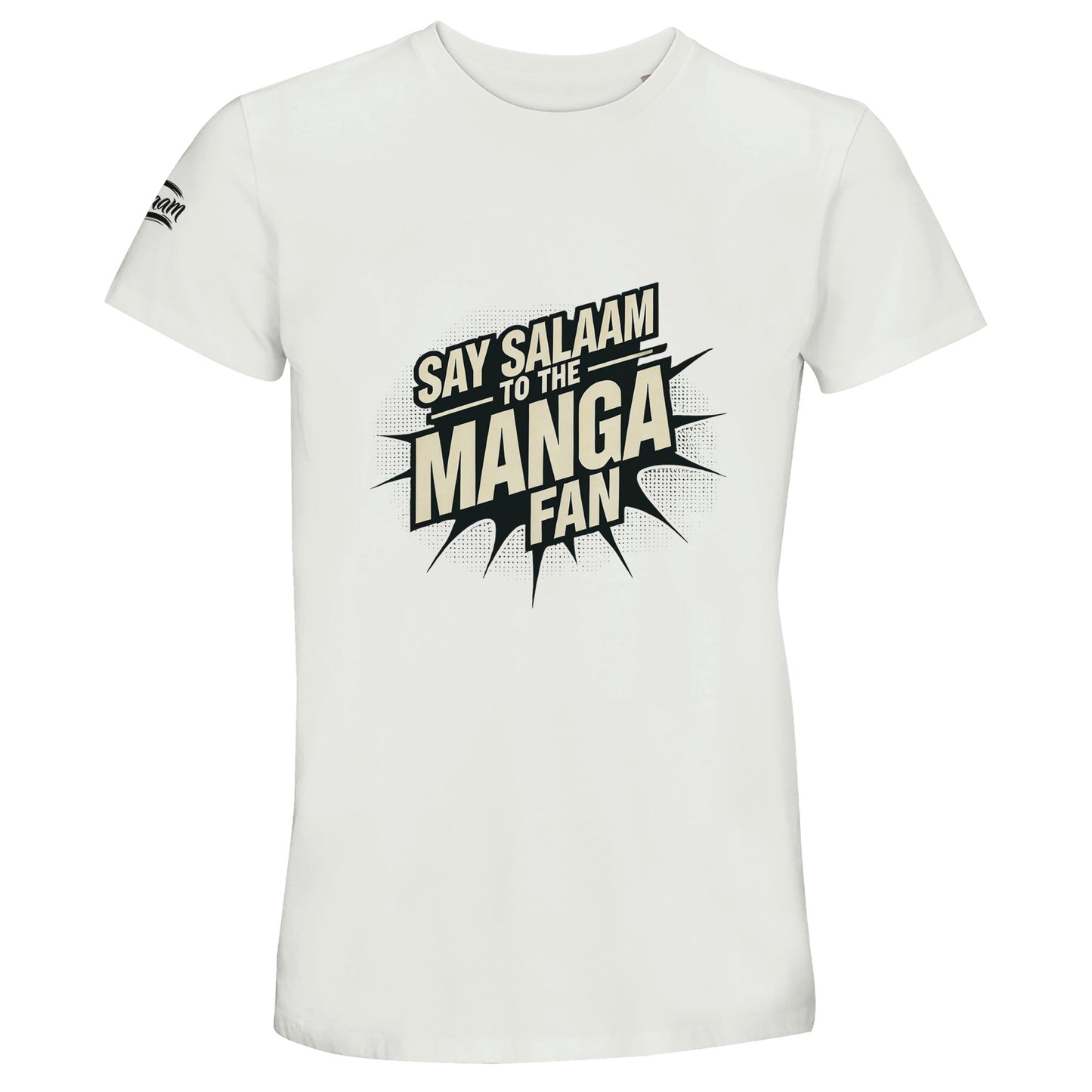 Say Salaam to the Manga Fan Design #3 Recycled Unisex Cotton Tee – White / Platinum featuring bold, text-based print design in Black with a dynamic comic-style explosion. For stylish anime and manga lovers into One Piece, One-Punch Man, Berserk, Bleach, Naruto, Death Note, DBZ, Fullmetal Alchemist or Akira (plus all MangaGo titles). Inspired by Japanese pop culture and sustainable fashion. Essentials graphic tees, basic unisex anime top for manga readers, cosplay, fan service, or casual streetwear vibes.