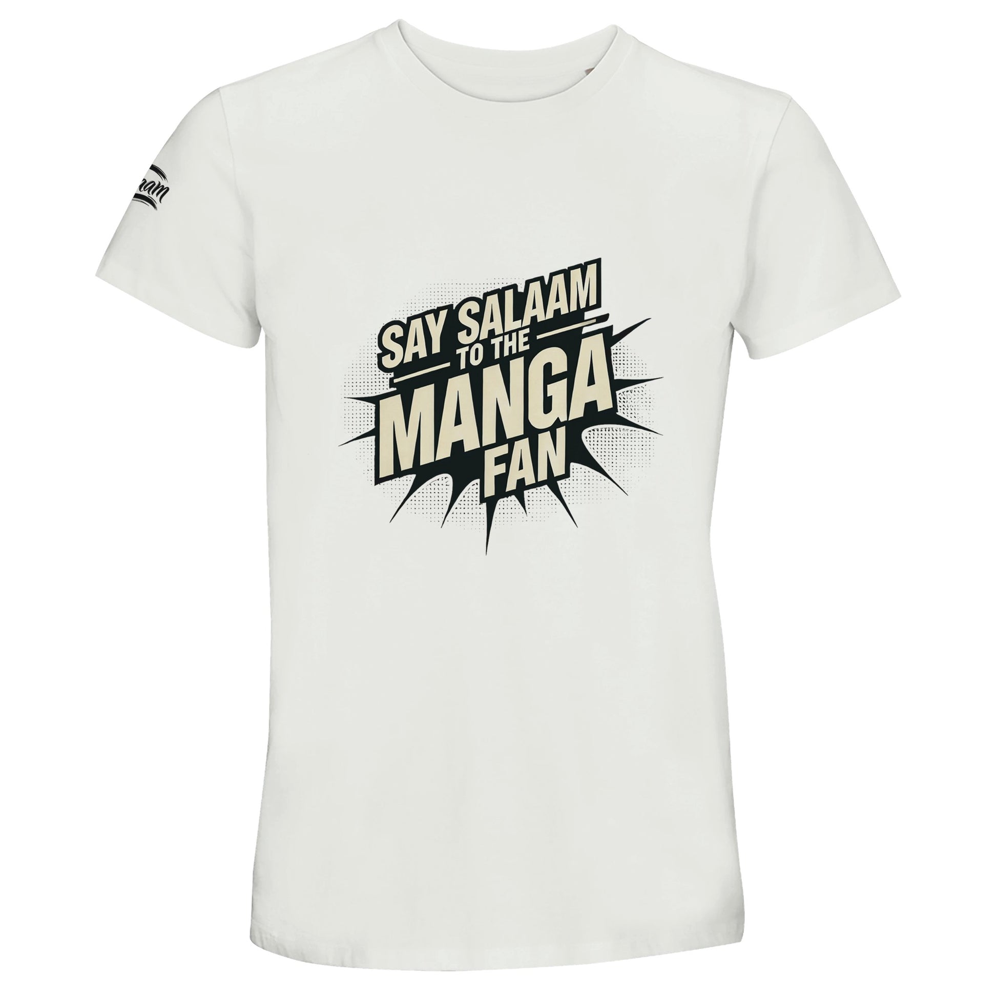 Say Salaam to the Manga Fan Design #3 Recycled Unisex Cotton Tee – White / Platinum featuring bold, text-based print design in Black with a dynamic comic-style explosion. For stylish anime and manga lovers into One Piece, One-Punch Man, Berserk, Bleach, Naruto, Death Note, DBZ, Fullmetal Alchemist or Akira (plus all MangaGo titles). Inspired by Japanese pop culture and sustainable fashion. Essentials graphic tees, basic unisex anime top for manga readers, cosplay, fan service, or casual streetwear vibes.