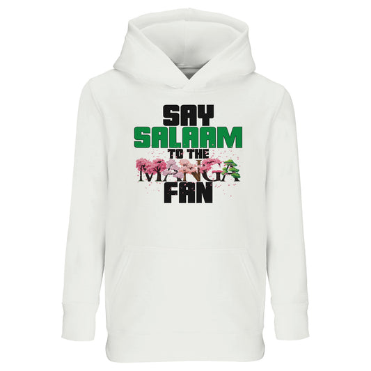 Say Salaam to the Manga Fan Original Kids Part-Recycled Cotton-Poly Hoodie – White / Platinum featuring bold manga tree graphics for young fans of One Piece, DBZ, Naruto, Bleach and MangaGo. A modest children’s hooded pullover made from soft, sustainable fabric for after-school cosplays, Jummah, Eid gifts or anime club meetups. Unisex and panel-inspired, with the Islamic hello messaging inside. Great for little readers of right-to-left adventures and big imaginations wrapped in comfortable jumper style.