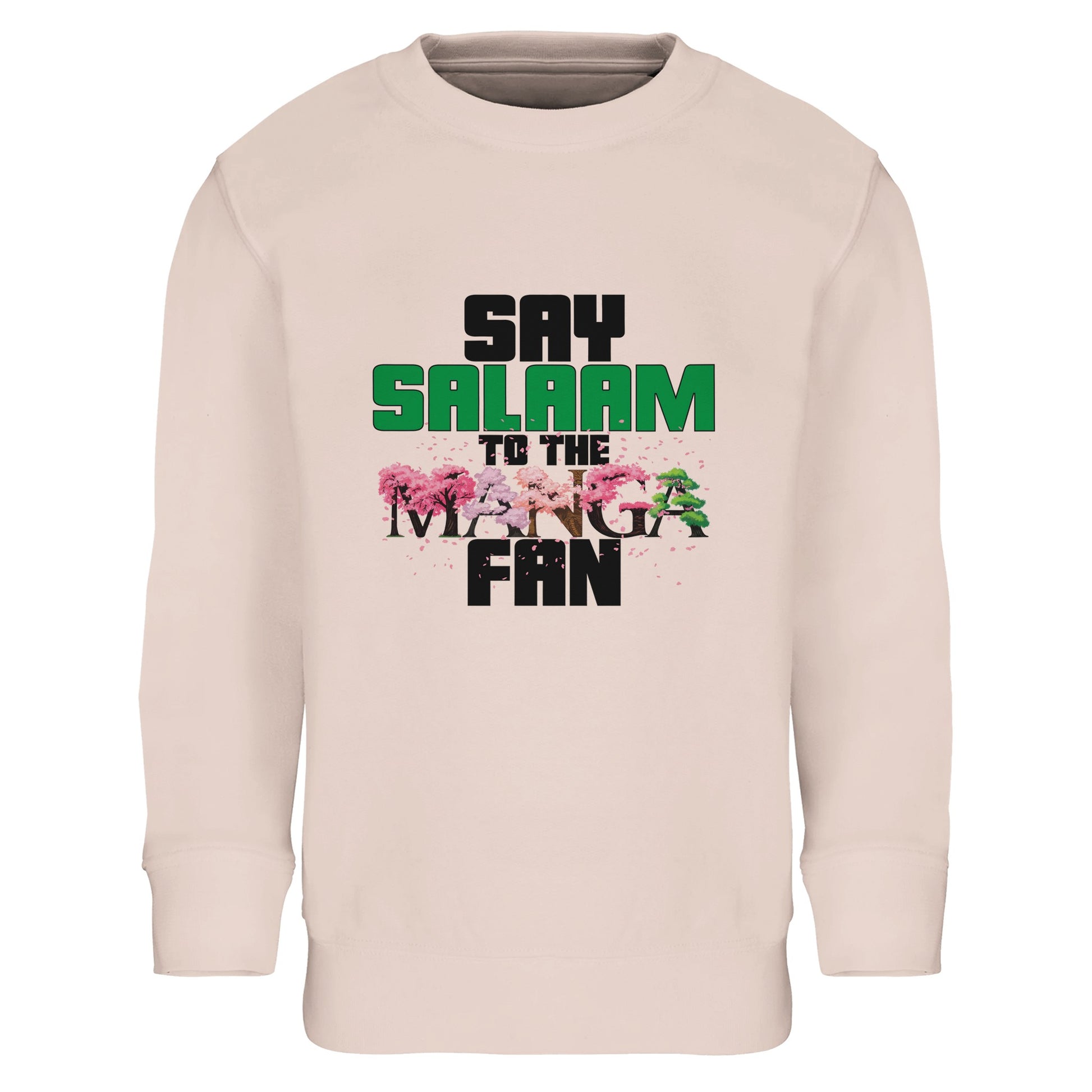 Say Salaam to the Manga Fan Original Kids Part-Recycled Cotton Sweatshirt – Creamy Pink / Oyster Pink with dynamic black and cherry manga-style tree text. Made for young fans of MangaGo, Naruto, Bleach and One Piece who love modest fashion with meaning. A soft, sustainable jumper or pullover for girls and boys who cosplay, read Japanese comics, or just love kawaii anime vibes. Islamic hello energy in every stitch – perfect for school, Eid gifts, birthdays or Friday family hangouts in panel-perfect comfort.