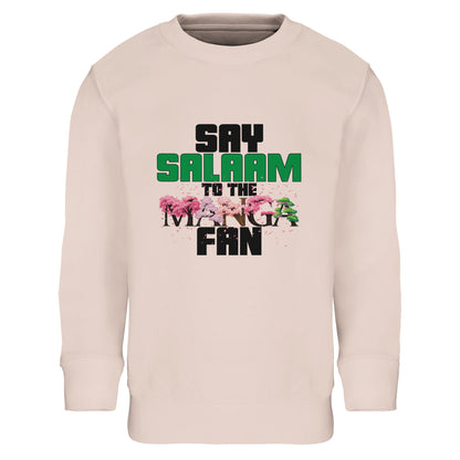 Say Salaam to the Manga Fan Original Kids Part-Recycled Cotton Sweatshirt – Creamy Pink / Oyster Pink with dynamic black and cherry manga-style tree text. Made for young fans of MangaGo, Naruto, Bleach and One Piece who love modest fashion with meaning. A soft, sustainable jumper or pullover for girls and boys who cosplay, read Japanese comics, or just love kawaii anime vibes. Islamic hello energy in every stitch – perfect for school, Eid gifts, birthdays or Friday family hangouts in panel-perfect comfort.