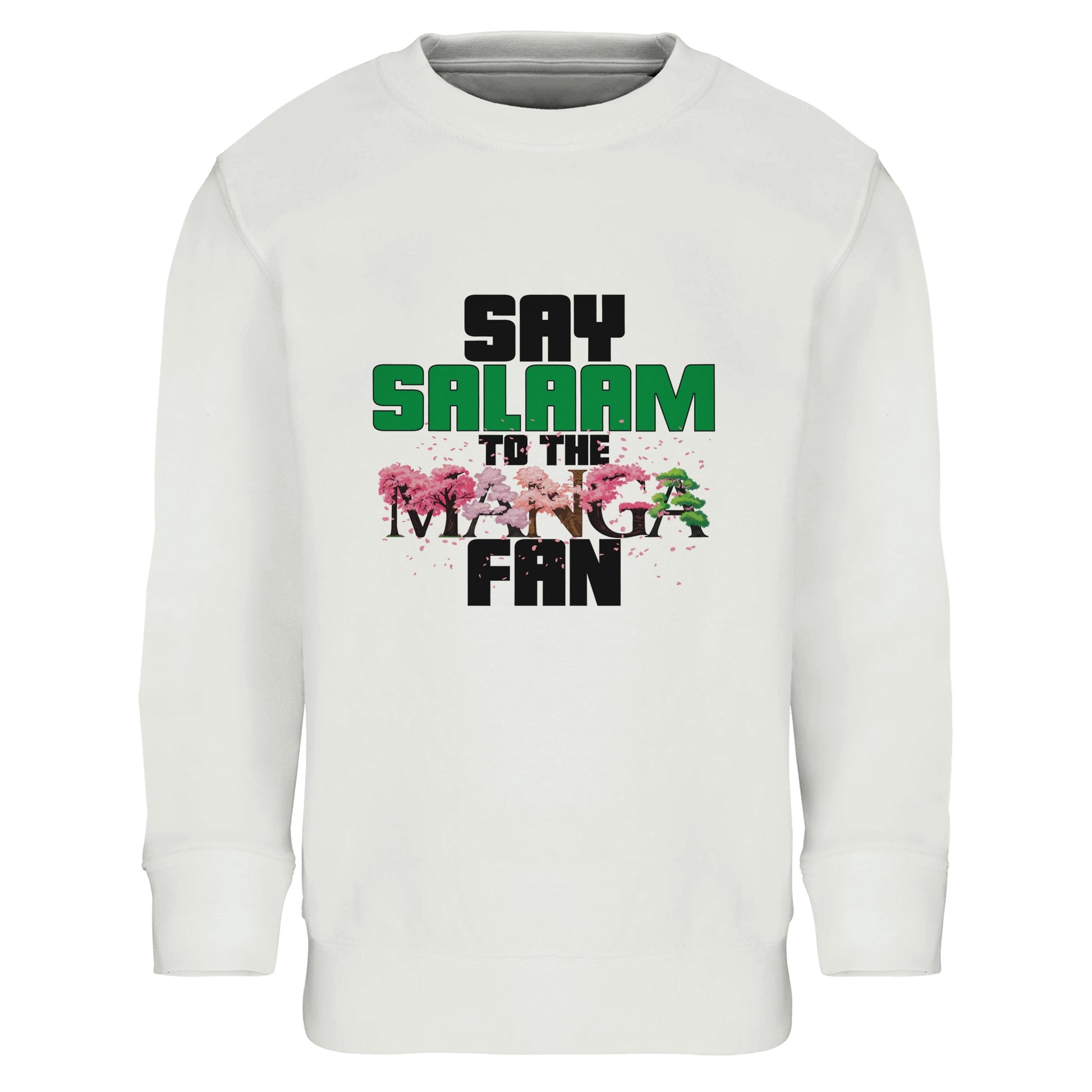 Say Salaam to the Manga Fan Original Kids Part-Recycled Cotton Sweatshirt – White / Platinum with bold manga tree lettering in cherry and black. For Muslim children and teenagers who love One Piece, Naruto, Bleach, and MangaGo, this modest long-sleeve jumper is soft, sustainable, and streetwear-ready. Unisex anime fashion for Friday prayers, Comic Con, or storytime manga marathons. A cultural gift idea for Eid or birthdays - designed for readers who know their panels and how to say assalamalaikum properly.