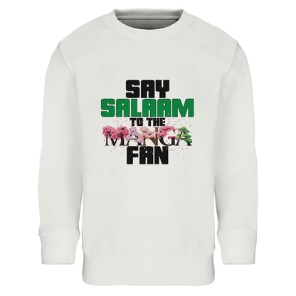 Say Salaam to the Manga Fan Original Kids Part-Recycled Cotton Sweatshirt – White / Platinum with bold manga tree lettering in cherry and black. For Muslim children and teenagers who love One Piece, Naruto, Bleach, and MangaGo, this modest long-sleeve jumper is soft, sustainable, and streetwear-ready. Unisex anime fashion for Friday prayers, Comic Con, or storytime manga marathons. A cultural gift idea for Eid or birthdays - designed for readers who know their panels and how to say assalamalaikum properly.