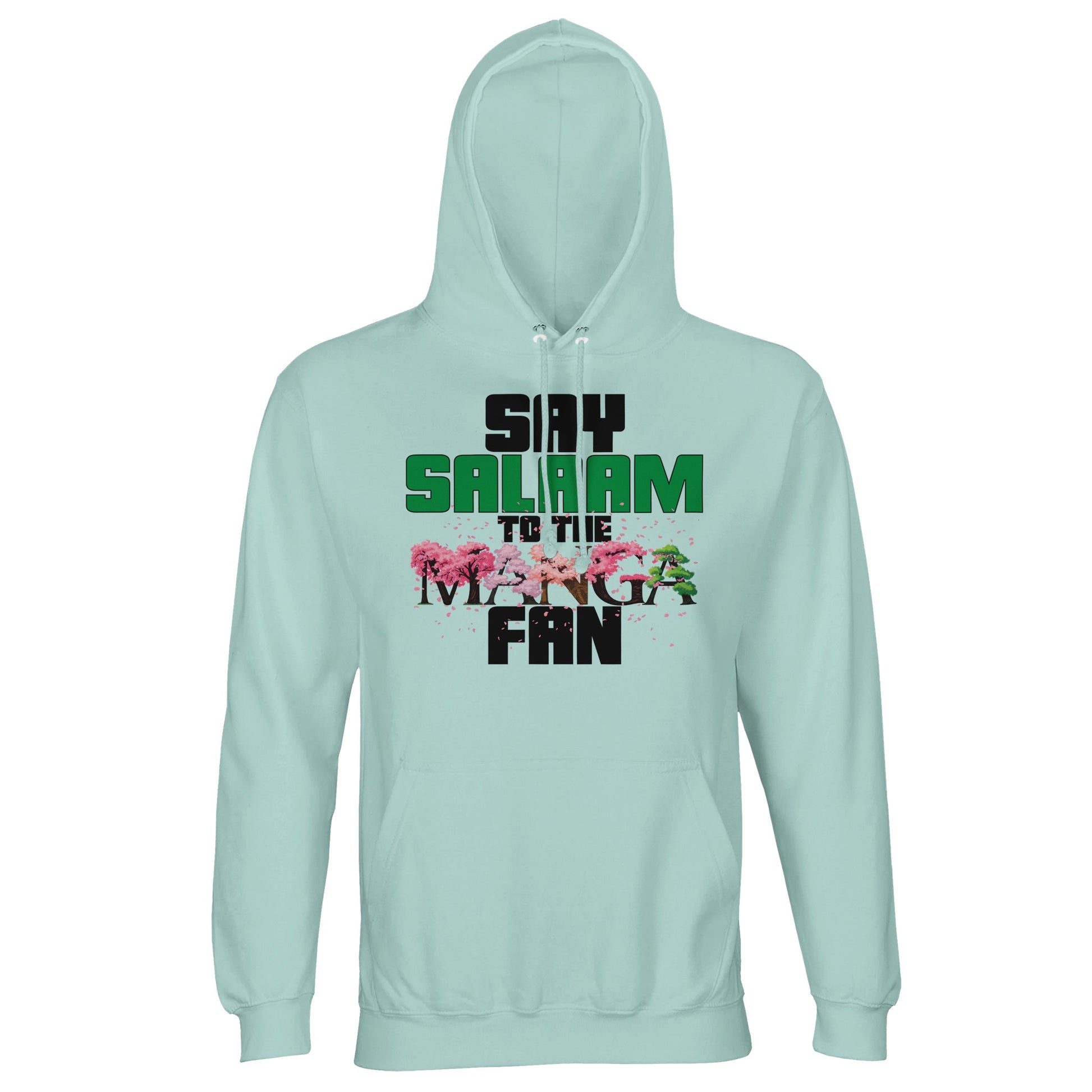 Say Salaam to the Manga Fan Original Part-Recycled Cotton-Poly Hoodie – Arctic Blue / Cadet Blue featuring graphic manga tree text in bold black and sakura pink. A sustainable hooded jumper for Muslim anime fans of Death Note, Naruto, Berserk, Attack on Titan, MangaGo, One Piece, or Bleach. Modest, gender-inclusive streetwear for cosplayers, Eid gifters and layered panel readers. This isn’t kawaii fluff – it’s bold pop culture fashion stitched in softness and purpose. To wear for every stylish Islamic hello